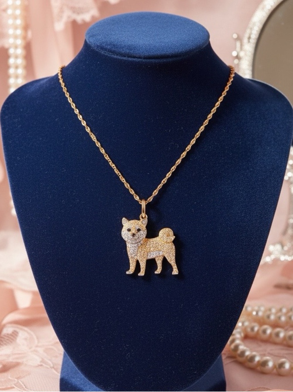 NWT Gold Shiba Inu Dog Iced Out Pendant Necklace Dog Mom Coquette Dog Lover Glam